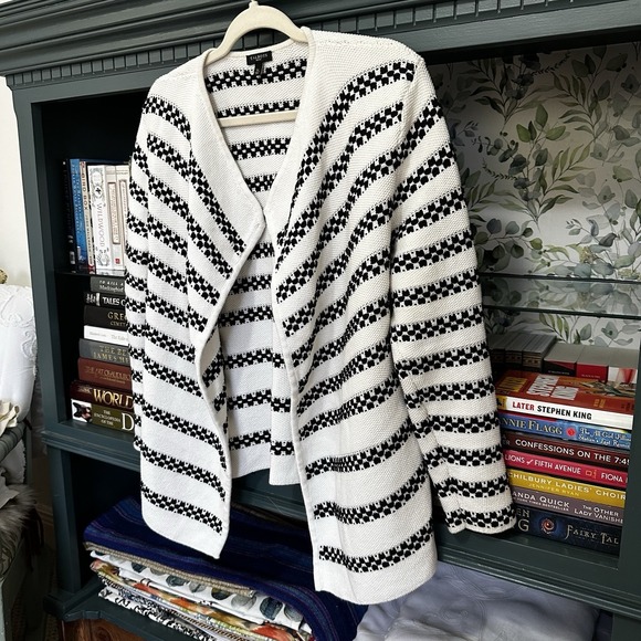 Talbots Cardigan Sweater Open Front Textured White and Black Waterfall Large P - Picture 2 of 9